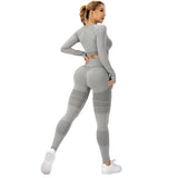 Costum Sport de Dama, Vivimall, pentru Yoga, Talie Inalta, Top Scurt, Elastic, Gri, Marime M - vivimall.ro