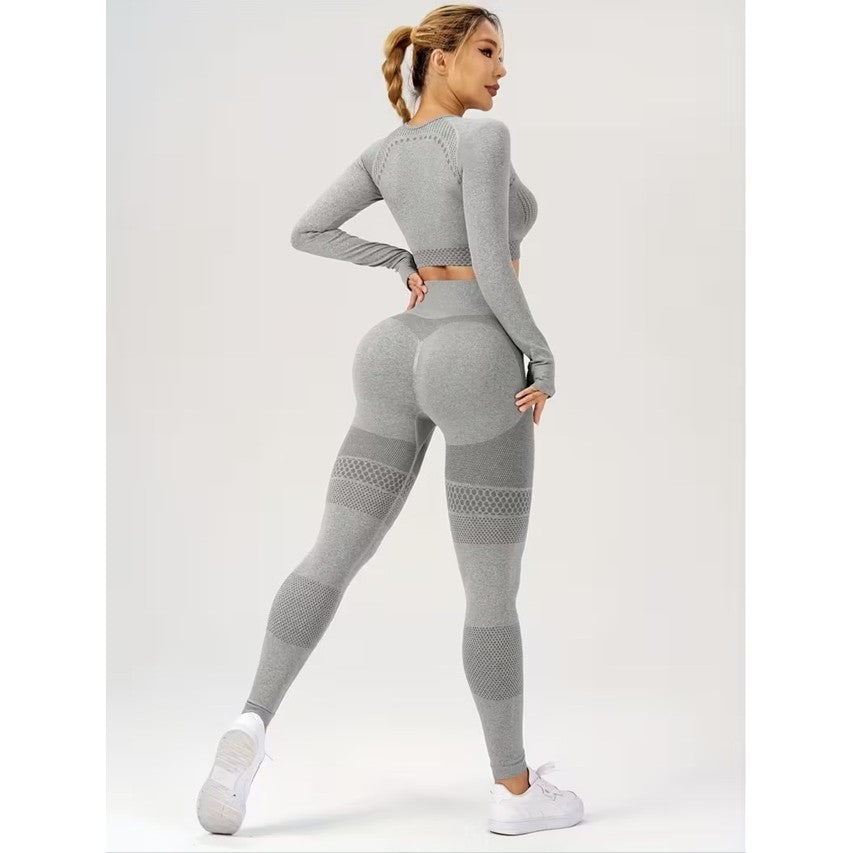 Costum Sport de Dama, Vivimall, pentru Yoga, Talie Inalta, Top Scurt, Elastic, Gri, Marime S - vivimall.ro