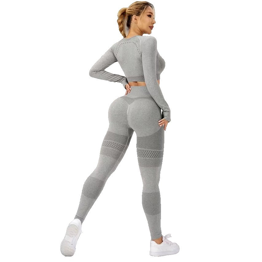 Costum Sport de Dama, Vivimall, pentru Yoga, Talie Inalta, Top Scurt, Elastic, Gri, Marime S - vivimall.ro