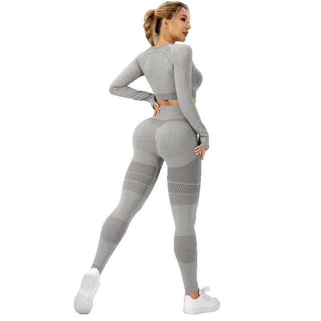 Costum Sport de Dama, Vivimall, pentru Yoga, Talie Inalta, Top Scurt, Elastic, Gri, Marime S - vivimall.ro