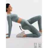 Costum Sport de Dama, Vivimall, pentru Yoga, Talie Inalta, Top Scurt, Elastic, Verde Menta, Marime L - vivimall.ro